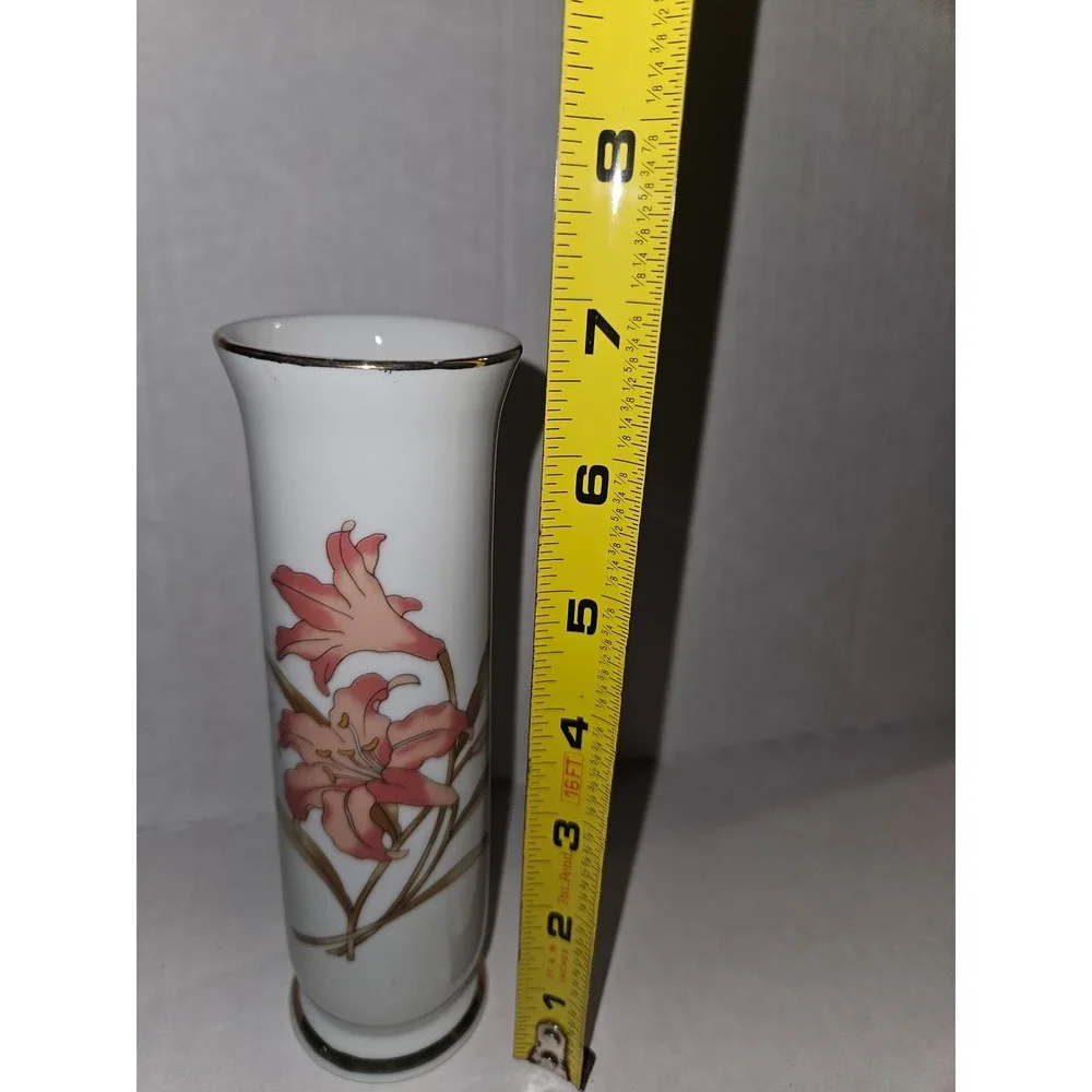 Floral Butterfly Vase White‎ Porcelain Gold Trim Accent Decor 7